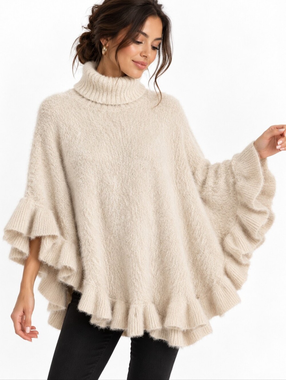 Akemi + Kin Anthropologie Fuzzy Ruffle Poncho Sweater Ivory OS